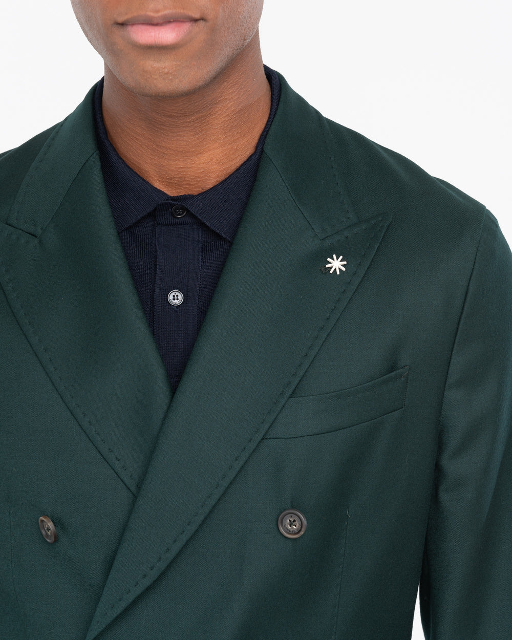 green stretch wool flannel double breasted blazer