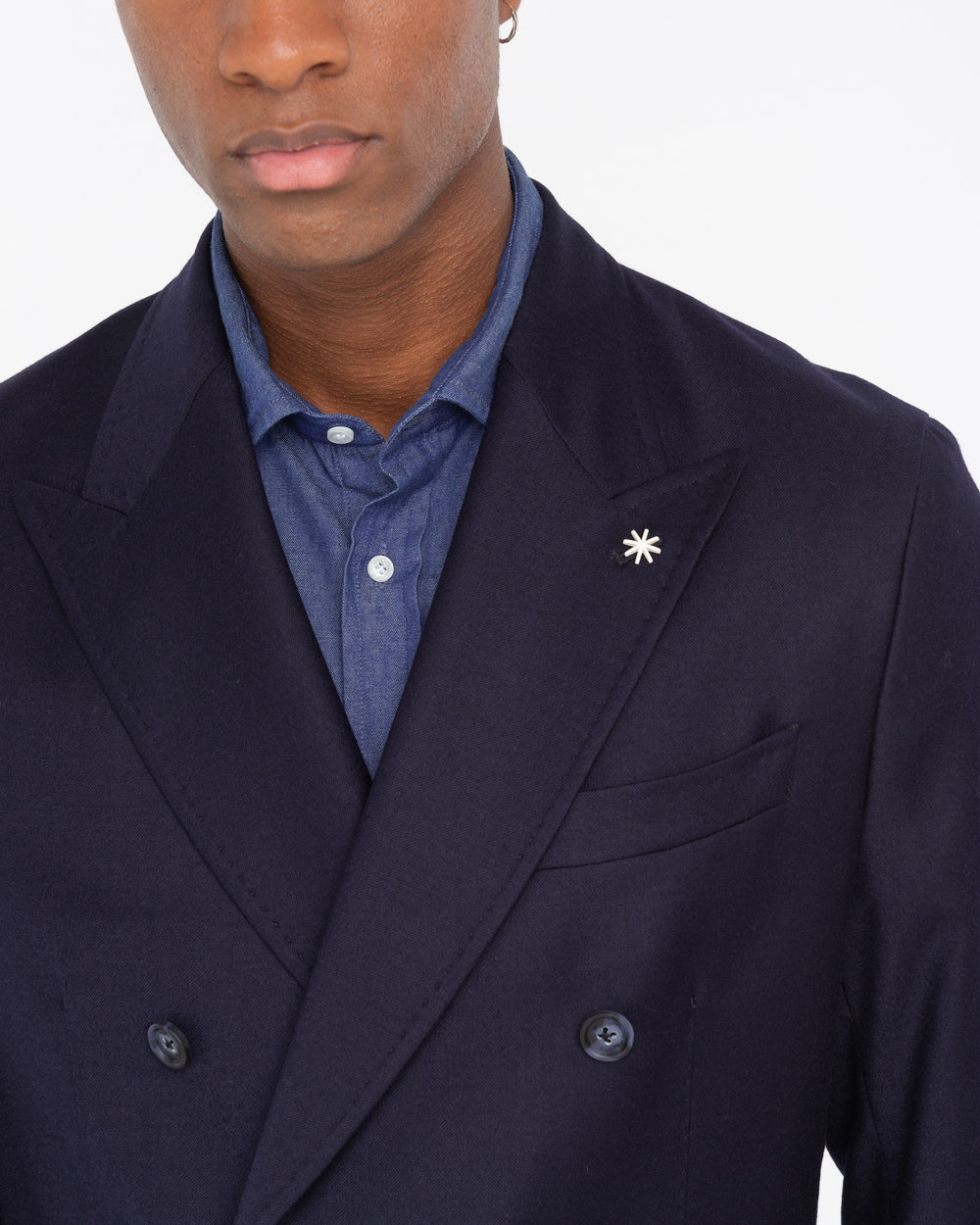 blue stretch wool flannel double breasted blazer