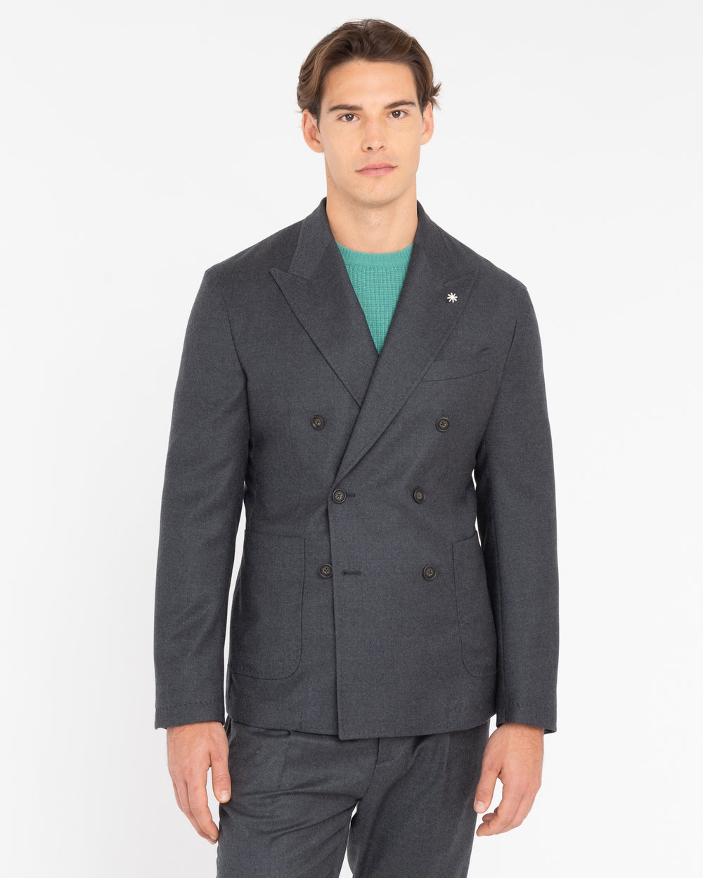 gray stretch wool flannel double breasted blazer