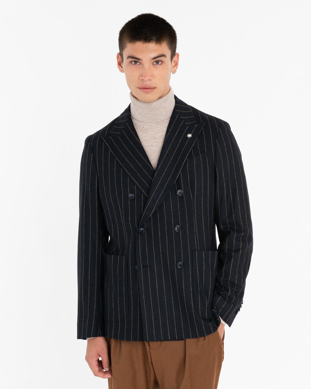 blue stretch wool blend double breasted pinstripe blazer