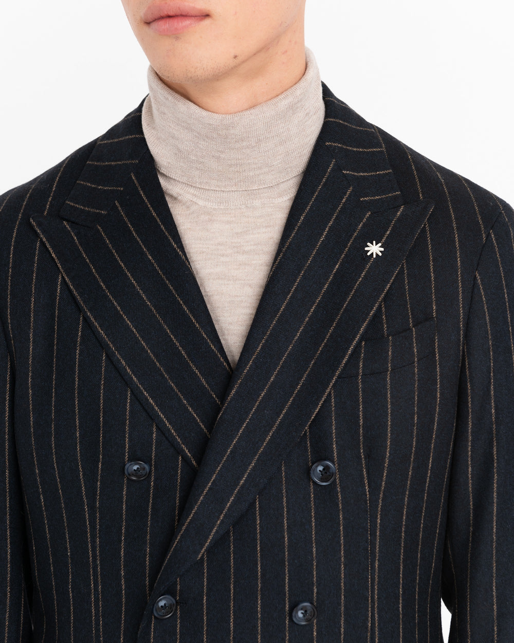 blue stretch wool blend double breasted pinstripe blazer