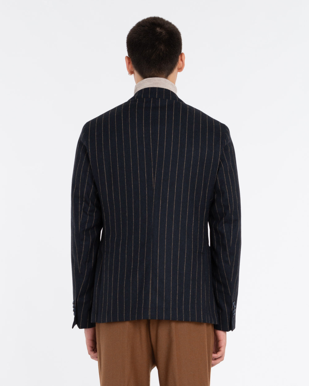 blue stretch wool blend double breasted pinstripe blazer