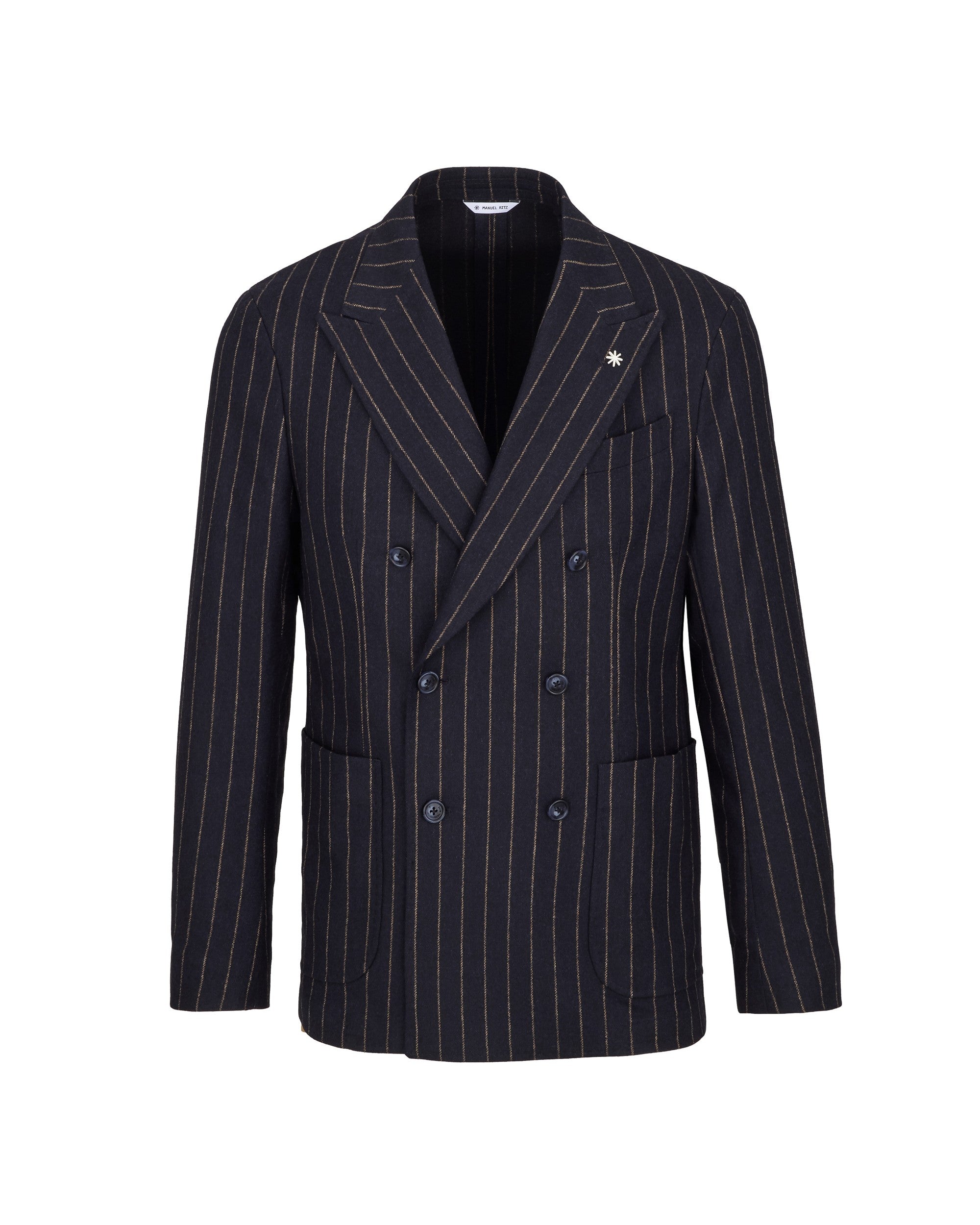 blue stretch wool blend double breasted pinstripe blazer Manuel Ritz Official