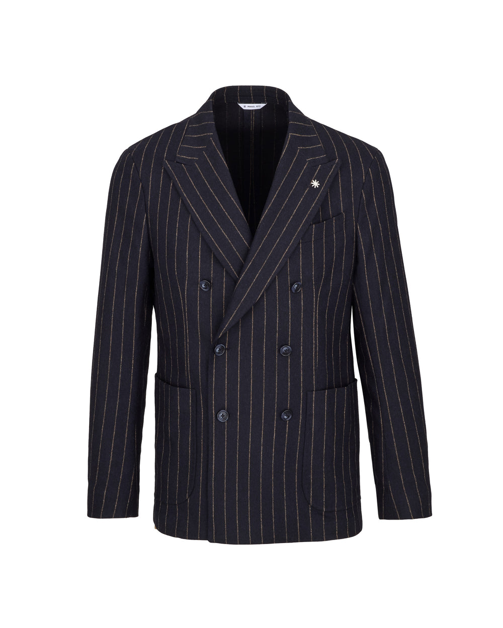 blue stretch wool blend double breasted pinstripe blazer