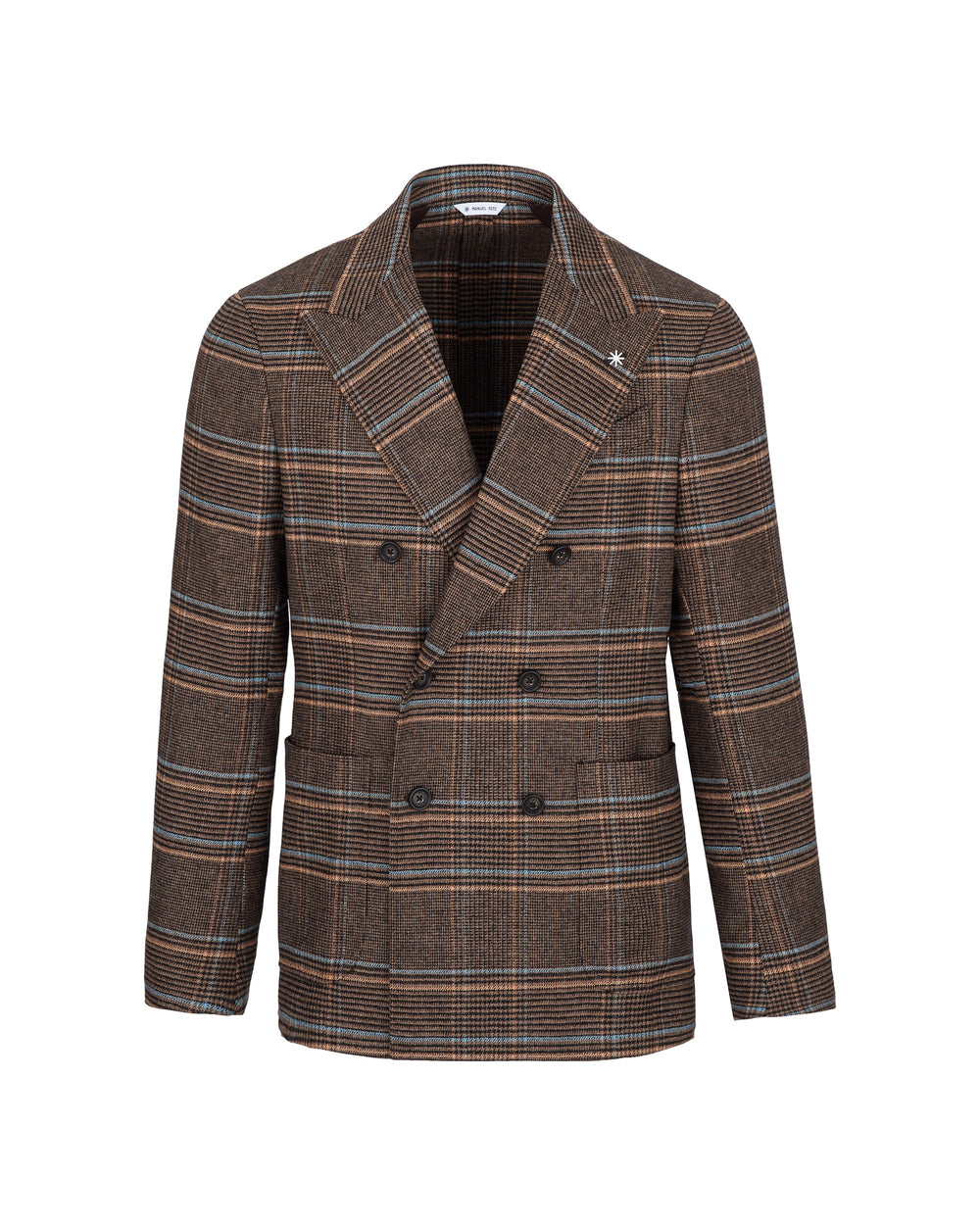 brown stretch wool blend double breasted wales blazer