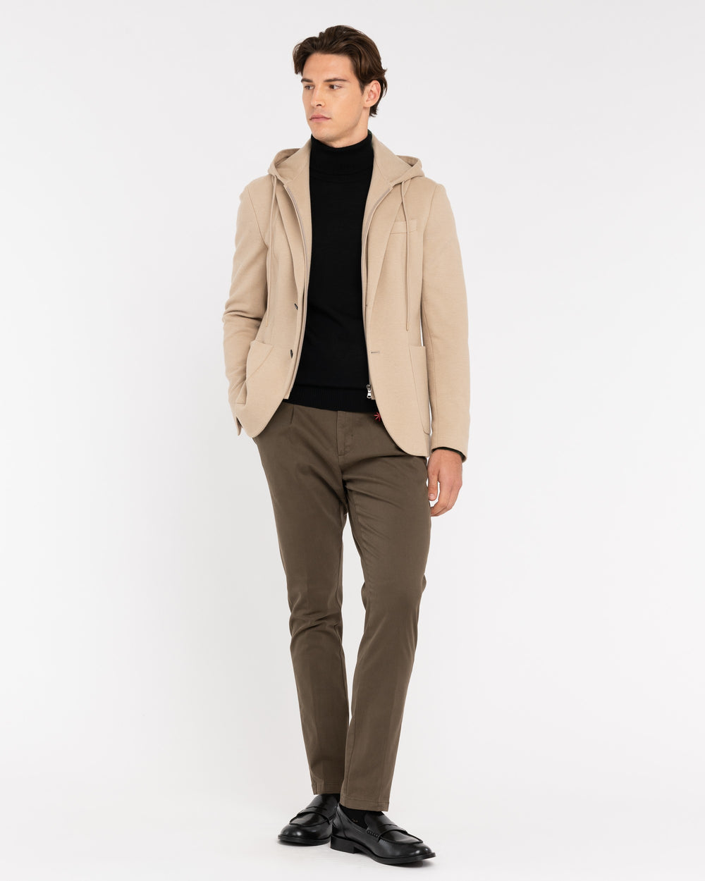 beige jersey piqué hooded blazer