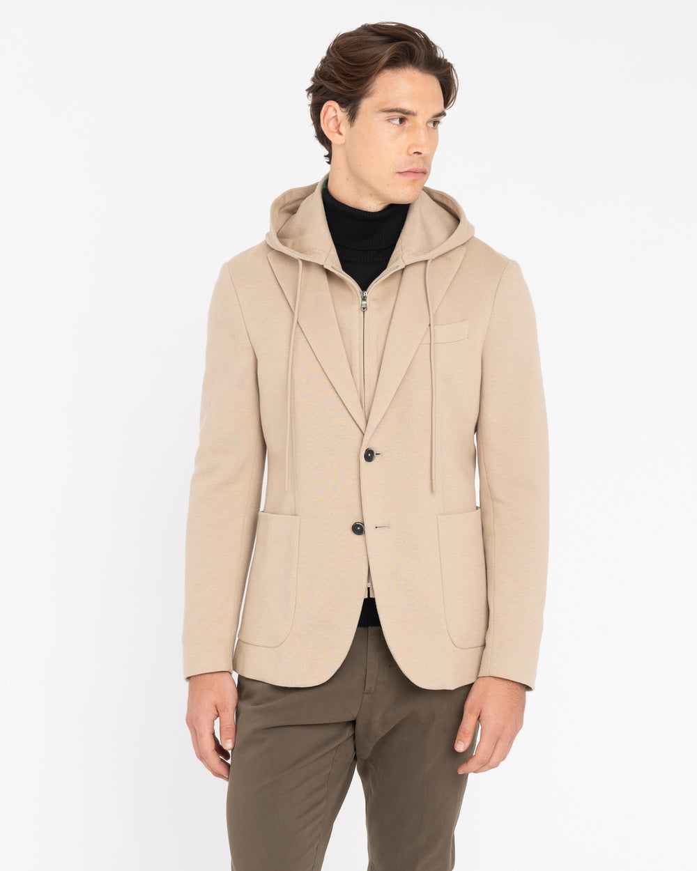 beige jersey piqué hooded blazer