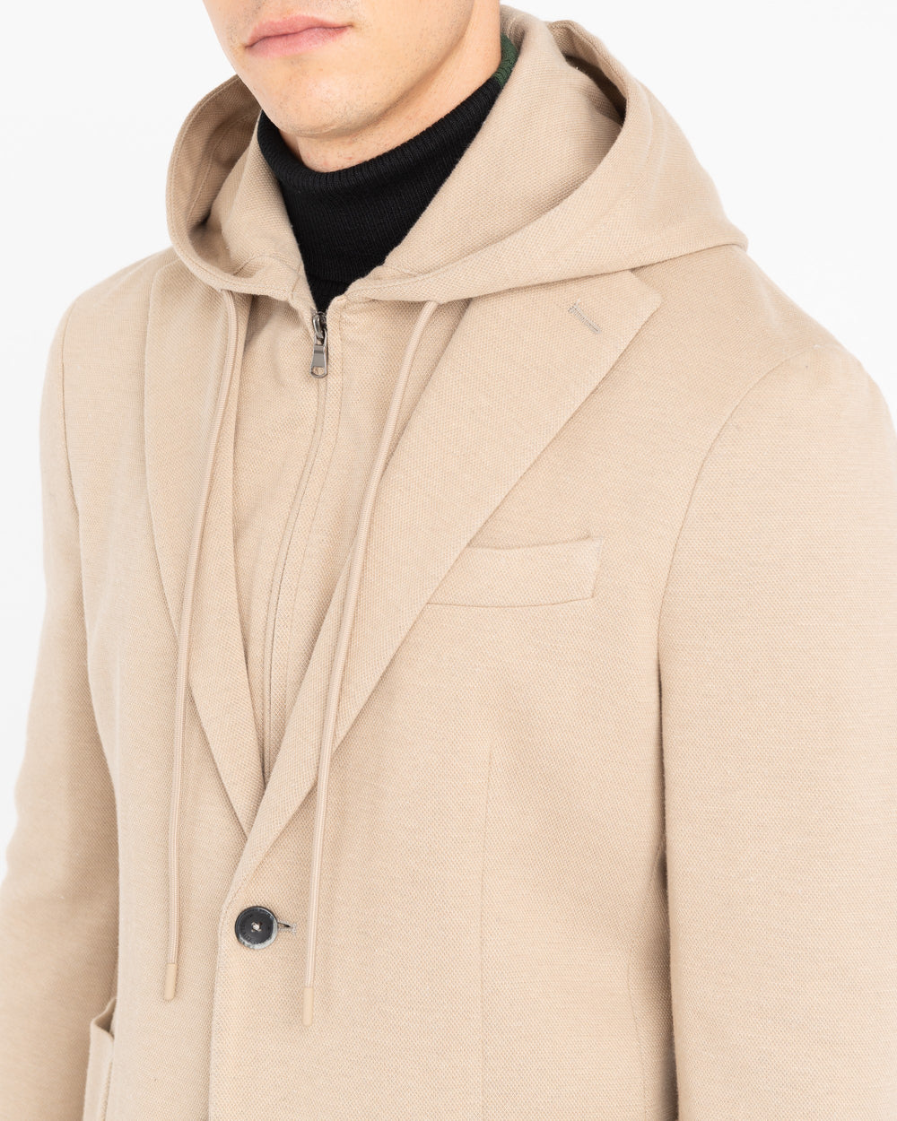 beige jersey piqué hooded blazer