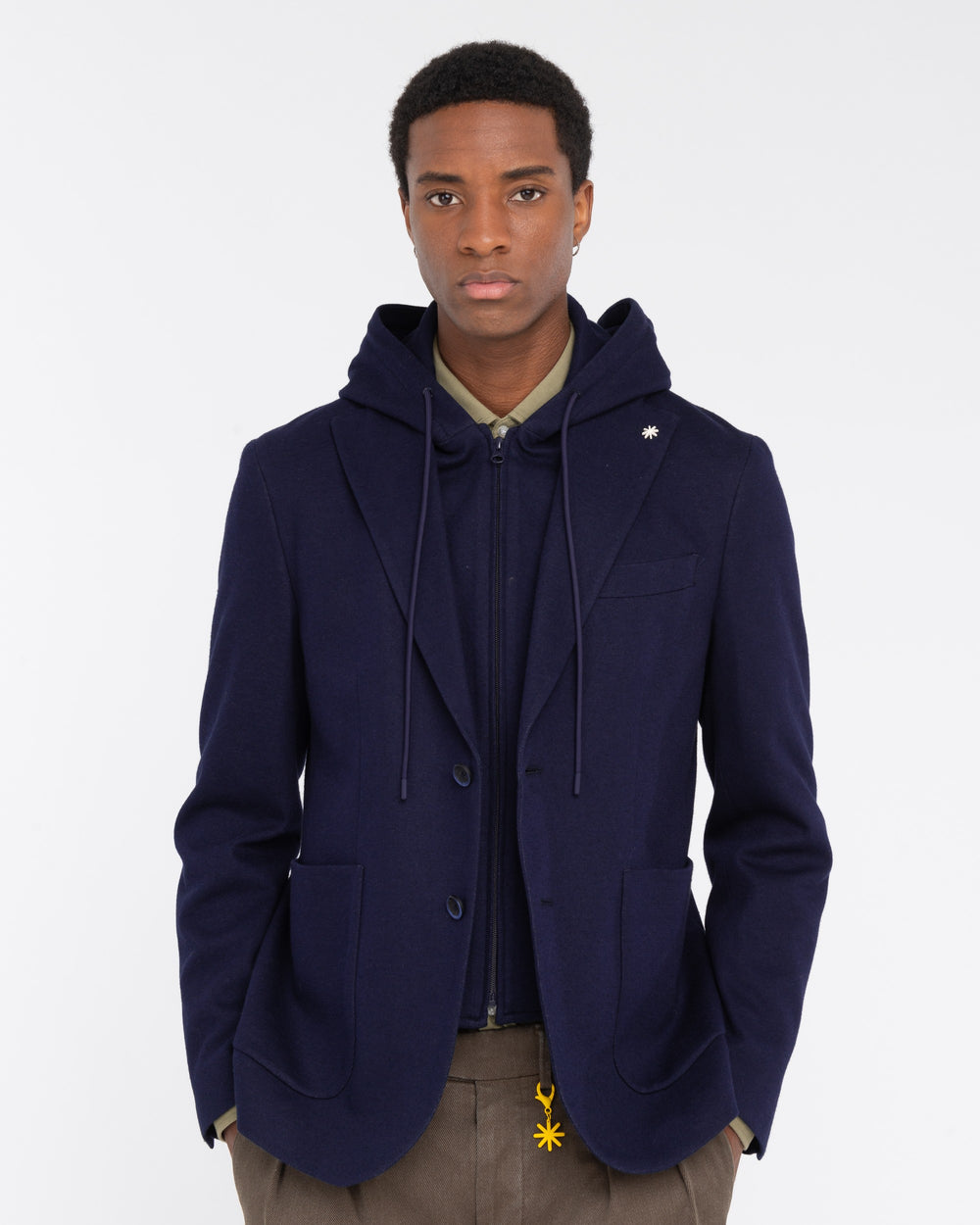 blue jersey piqué hooded blazer