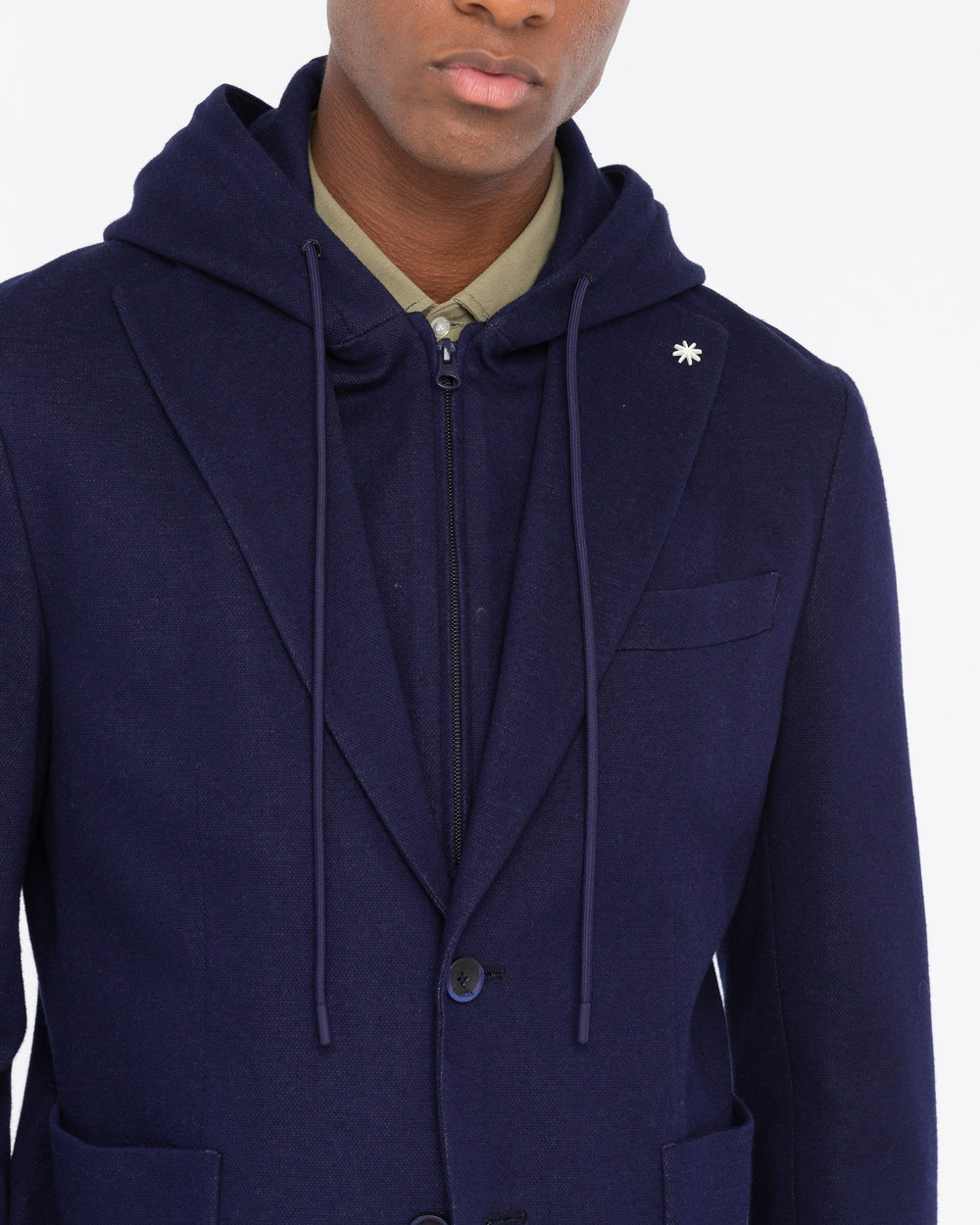 blue jersey piqué hooded blazer