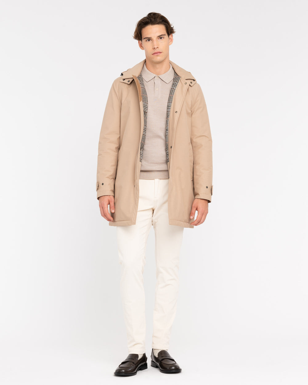 beige cotton-blend microfibre padded trench coat