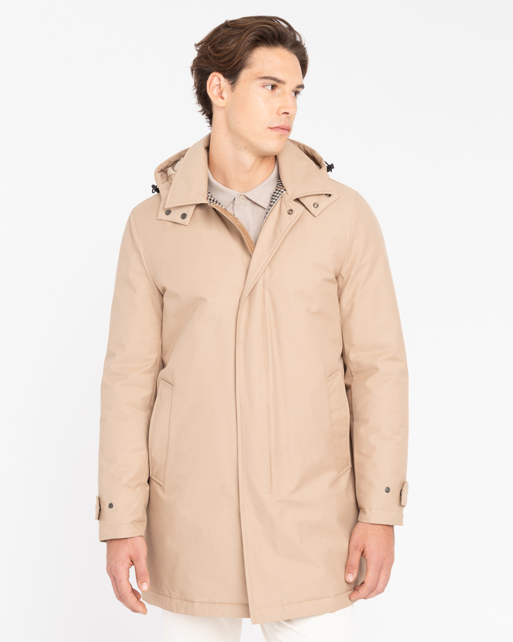 beige cotton-blend microfibre padded trench coat