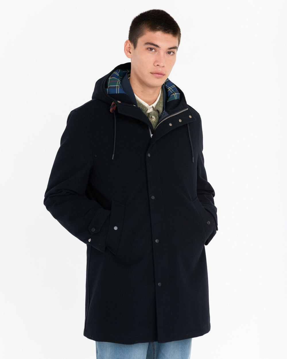 blue wool-blend flannel parka