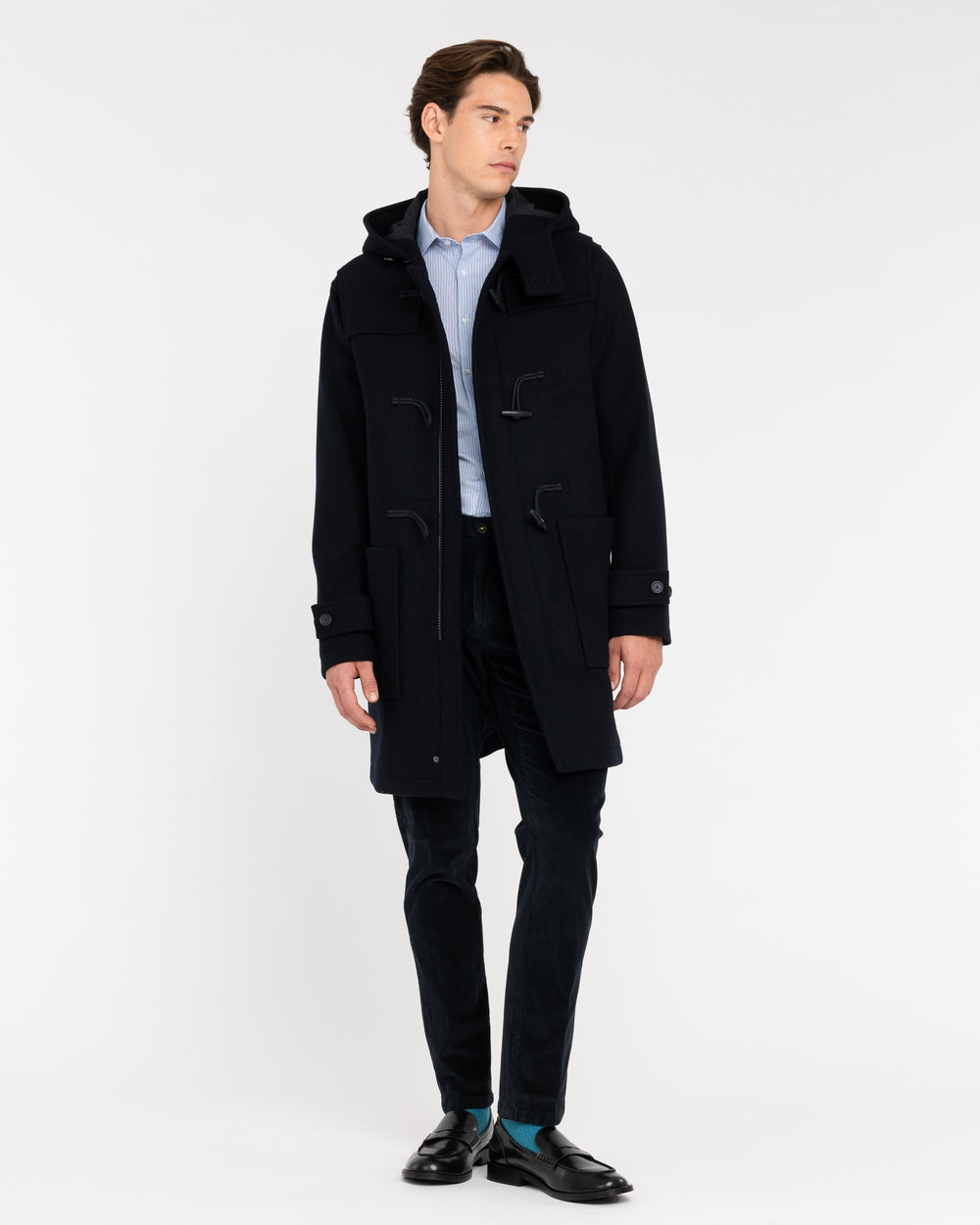 blue wool blend velour duffle coat