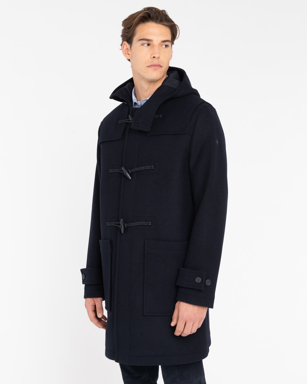 blue wool blend velour duffle coat