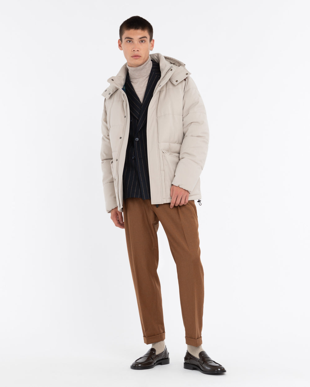 beige padded flannel jacket