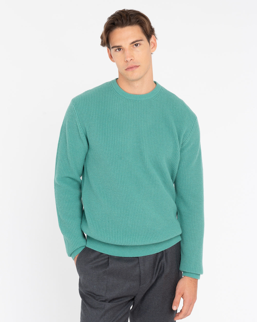 green wool blend crew neck sweater