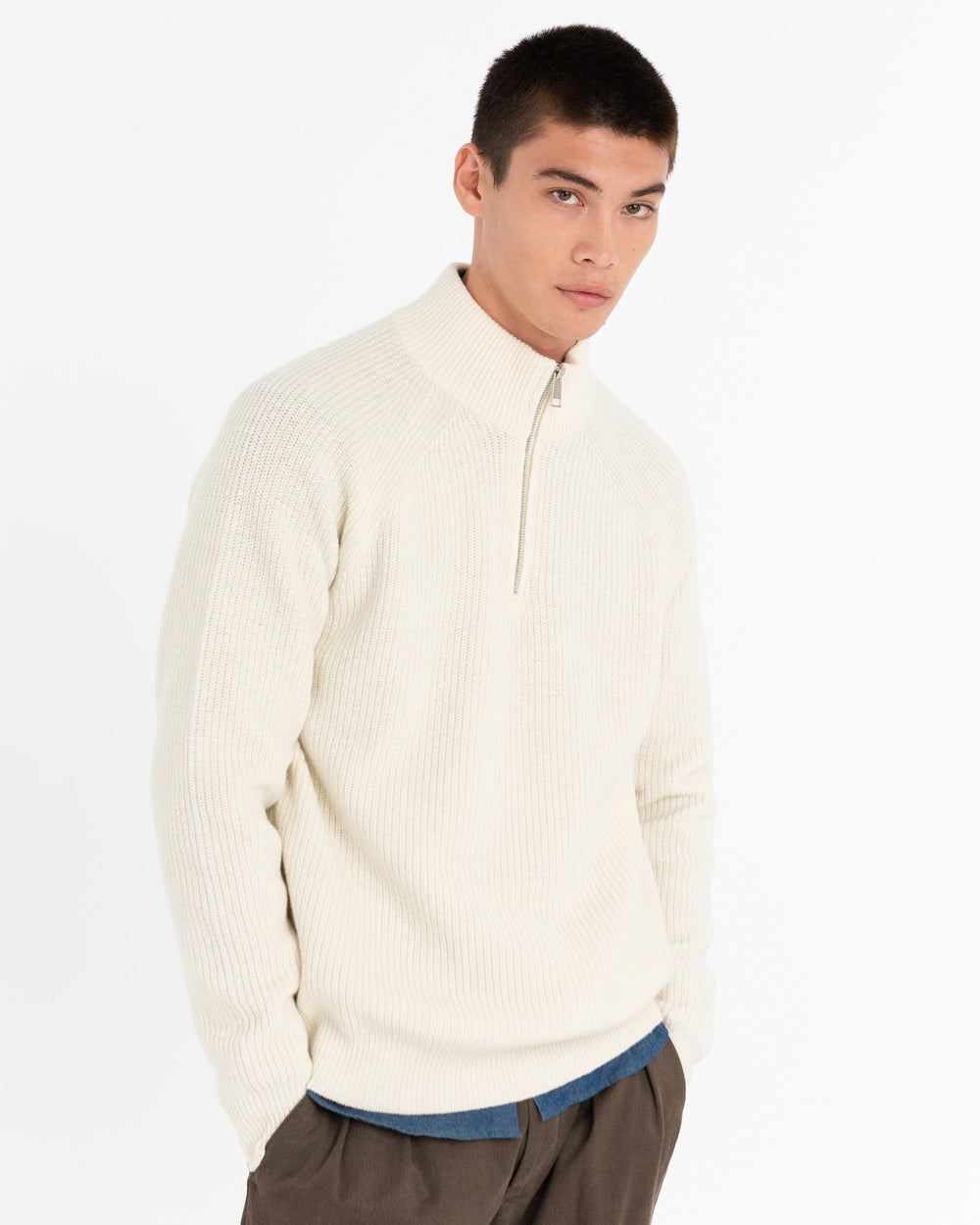 white half-zip rib sweater