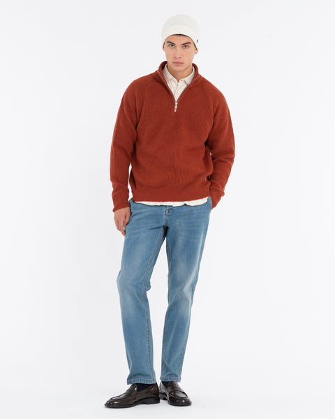 brown half-zip rib sweater