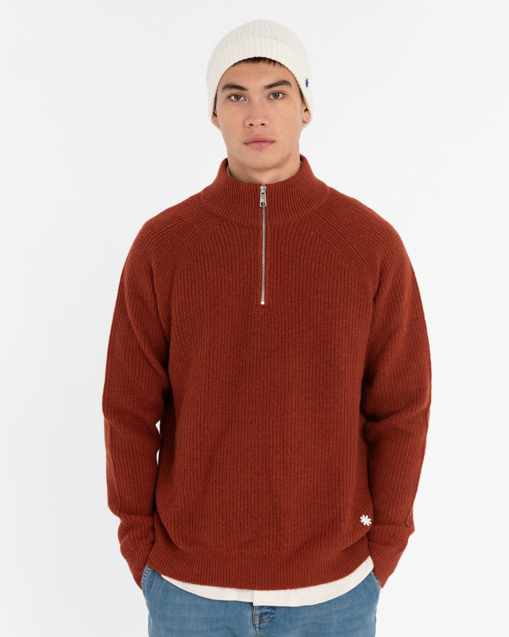 brown half-zip rib sweater