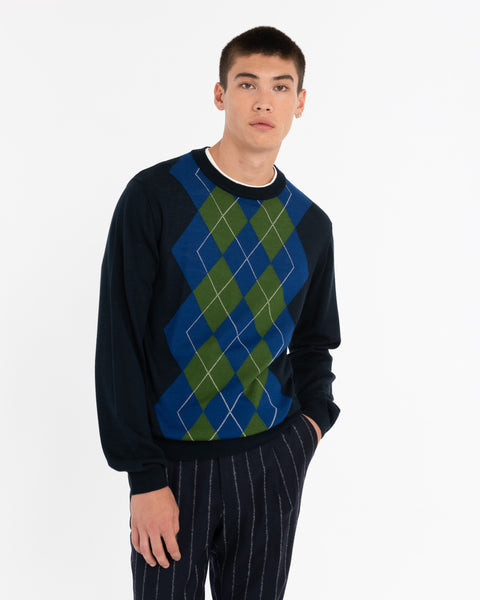 blue wool blend argyle round neck sweater