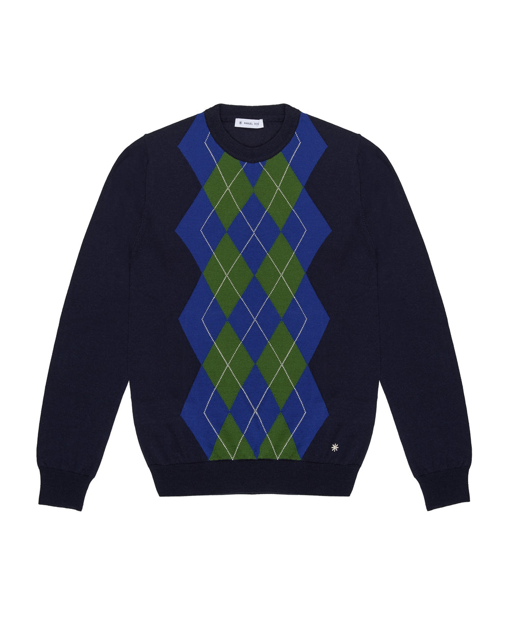 blue wool blend argyle round neck sweater