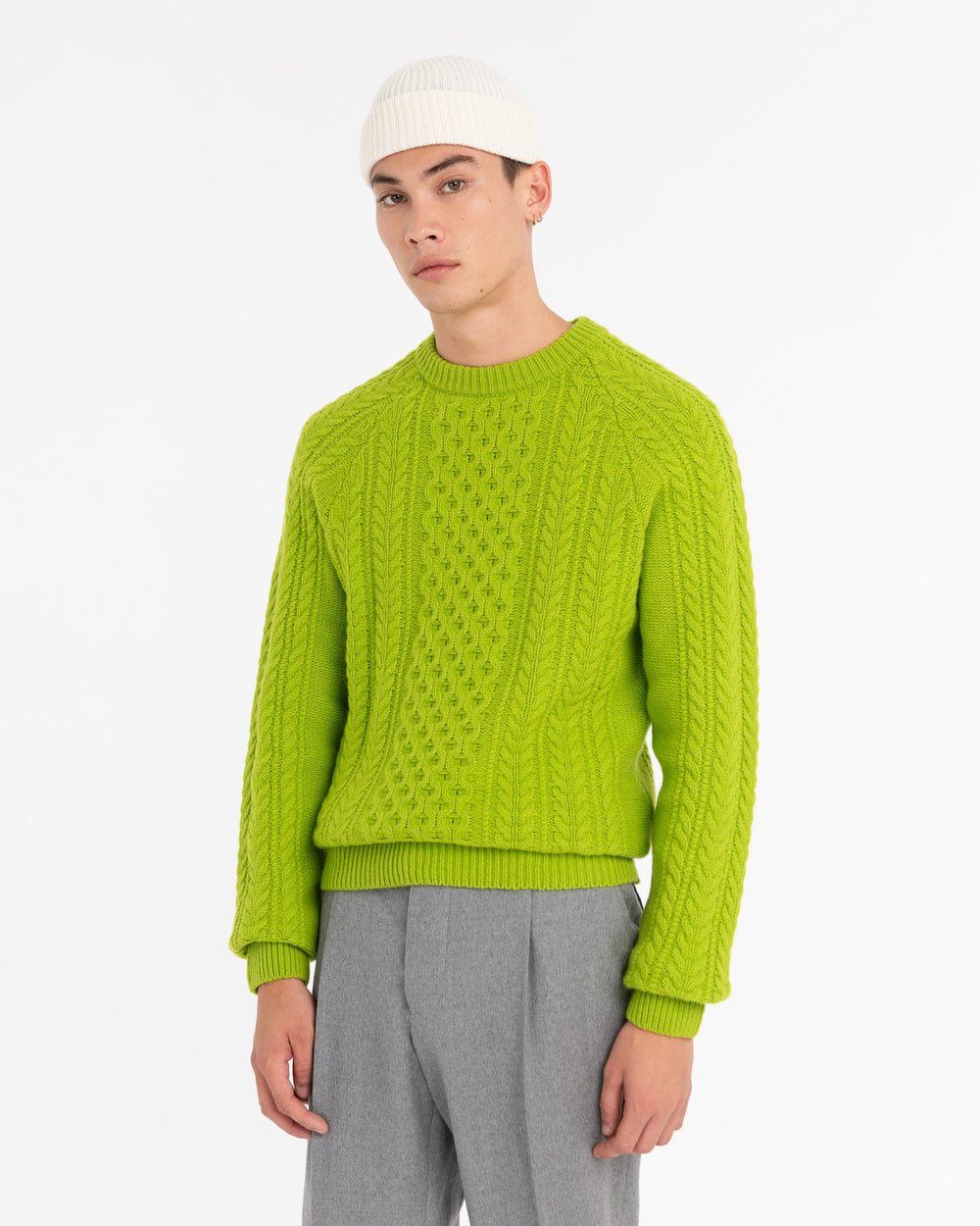 green carded wool crew neck sweater