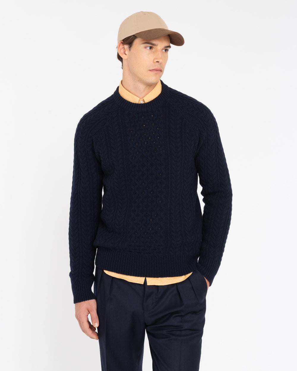 blue carded wool crew neck sweater