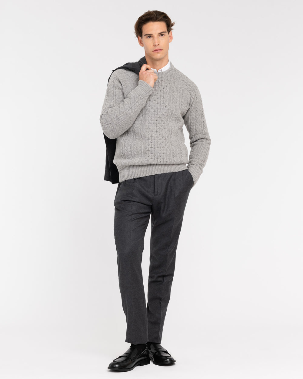 gray carded wool crew neck sweater