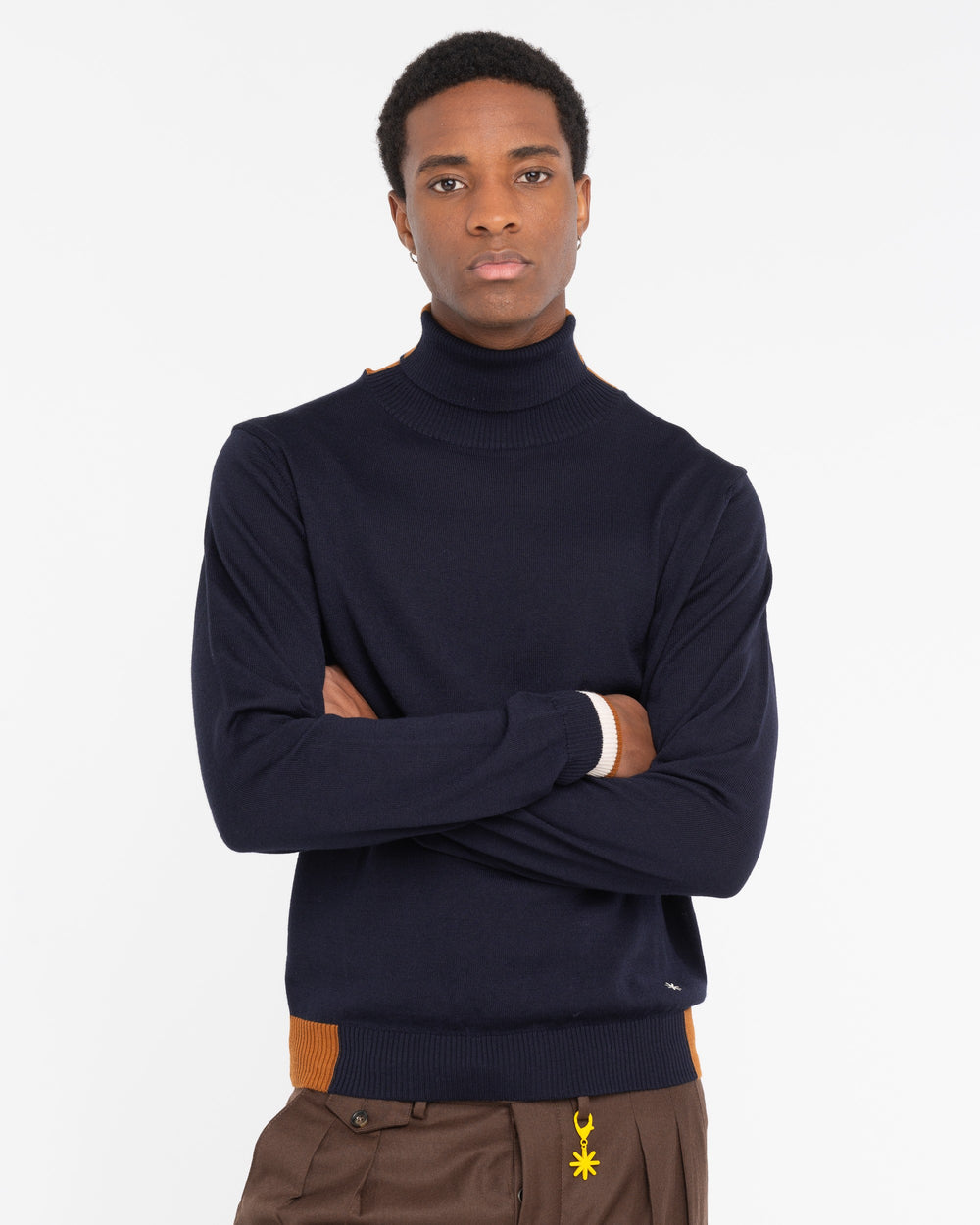 blue wool blend turtleneck with contrasts