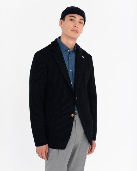 blue wool blend rib knit jacket