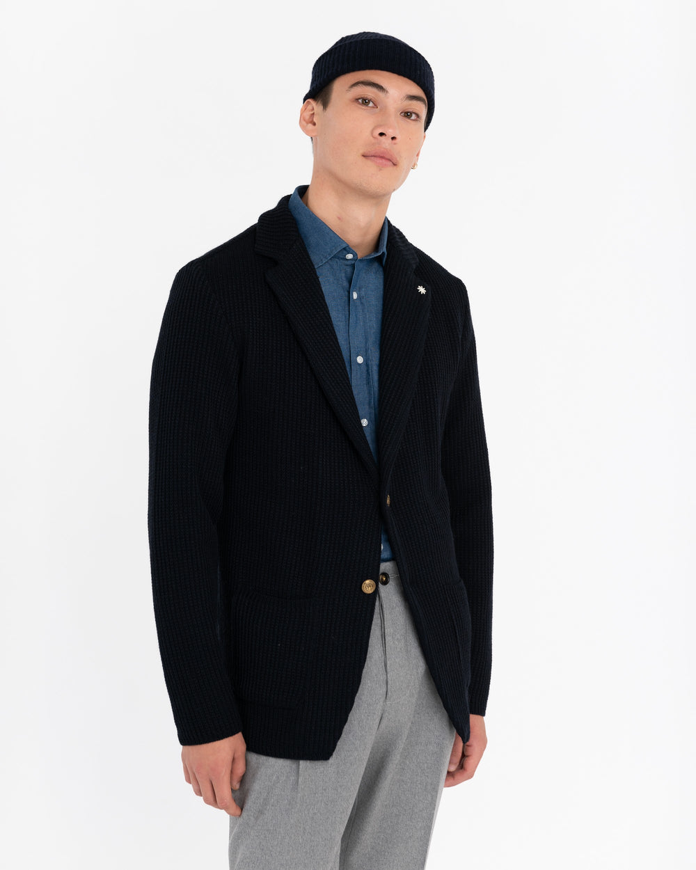 blue wool blend rib knit jacket