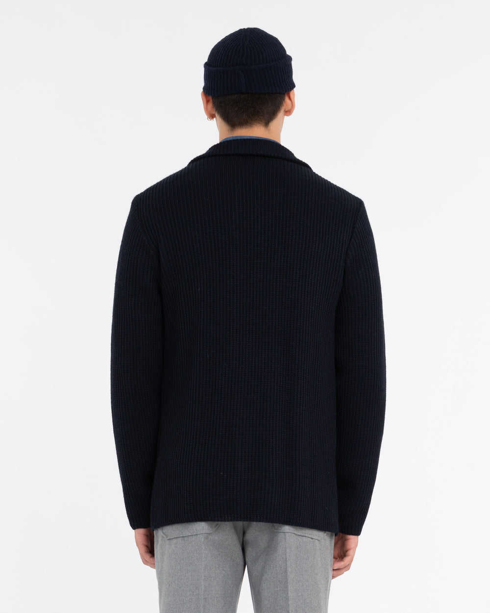 blue wool blend rib knit jacket