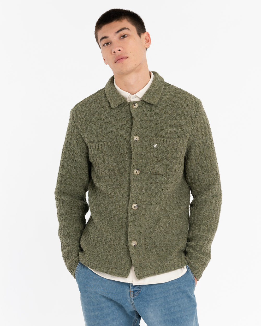 green wool blend knit overshirt