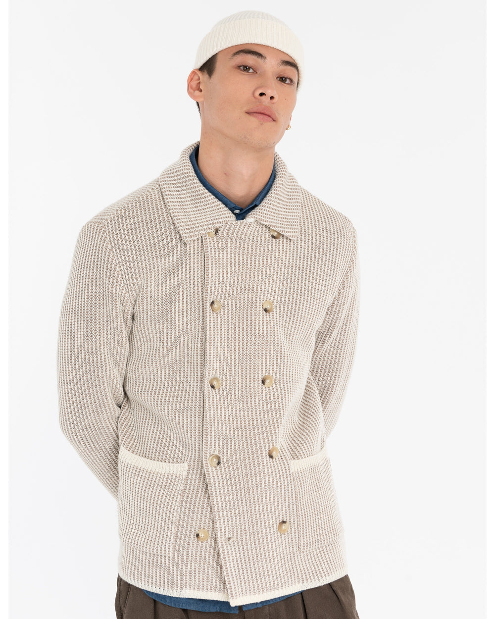 white wool blend double breasted knitted jacket