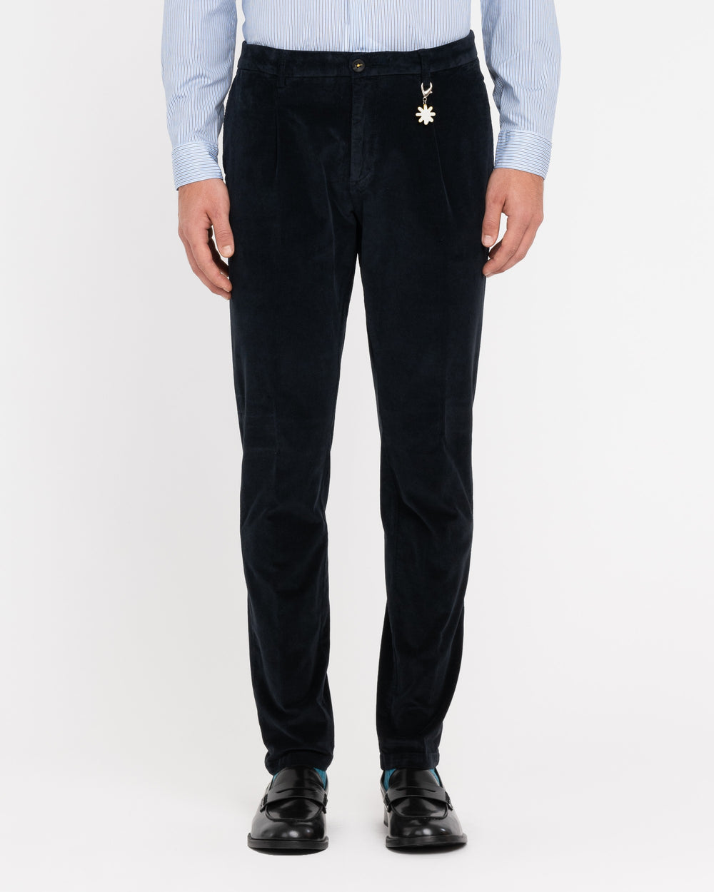 blue stretch velvet pleated chinos