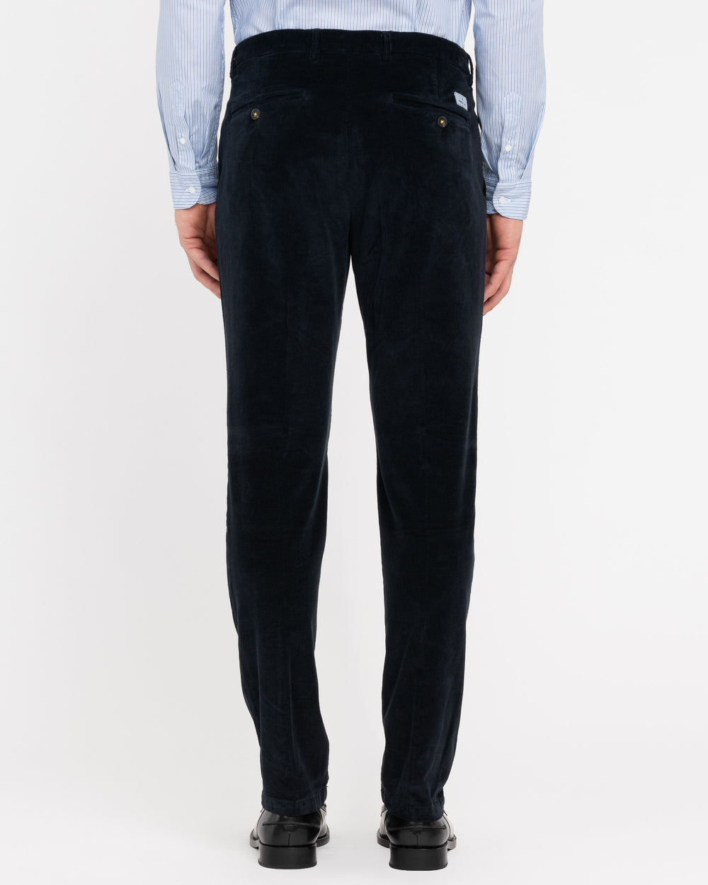 blue stretch velvet pleated chinos