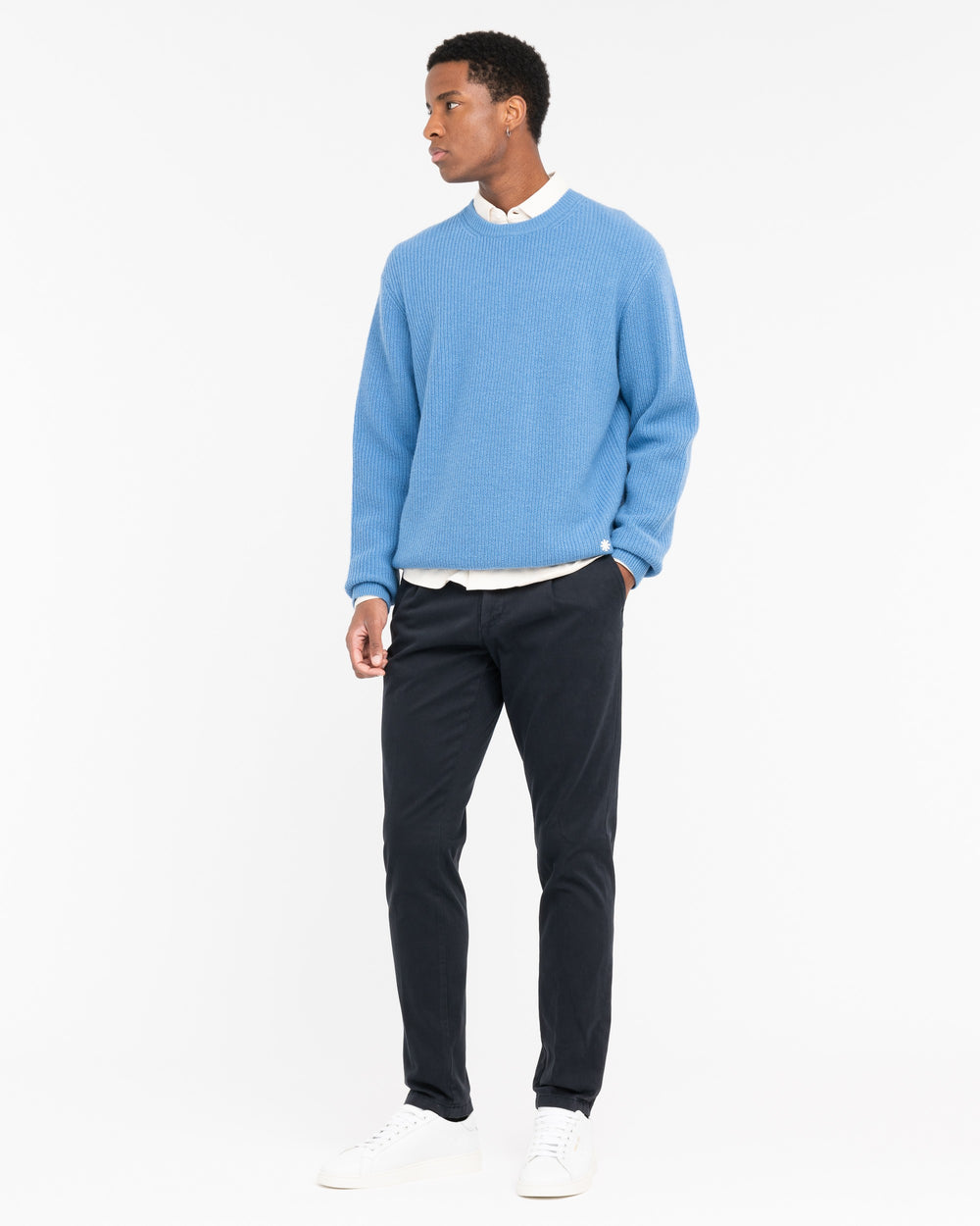 blue cotton twill pleated chinos