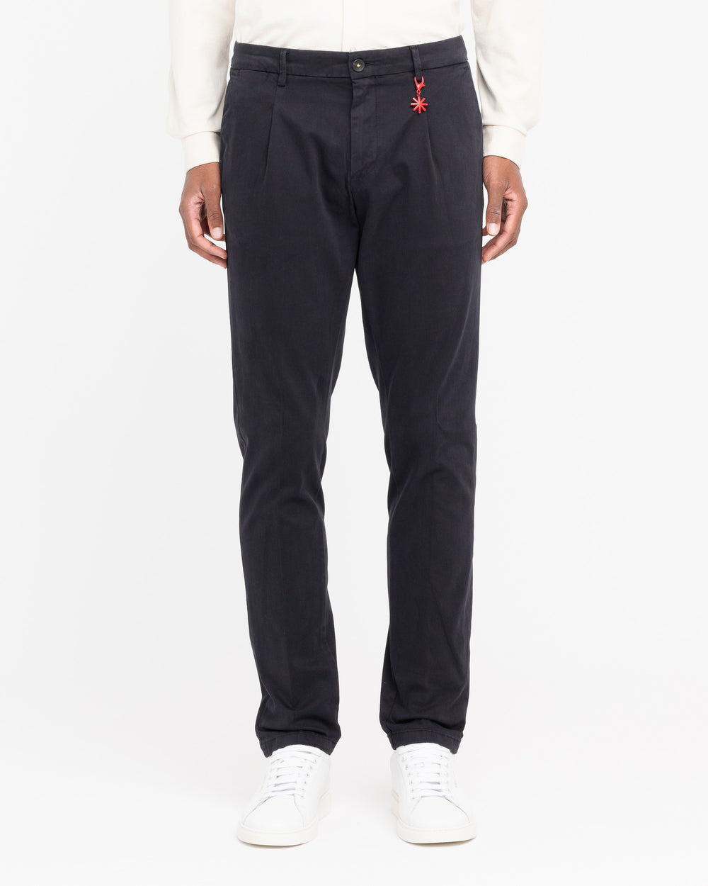 blue cotton twill pleated chinos