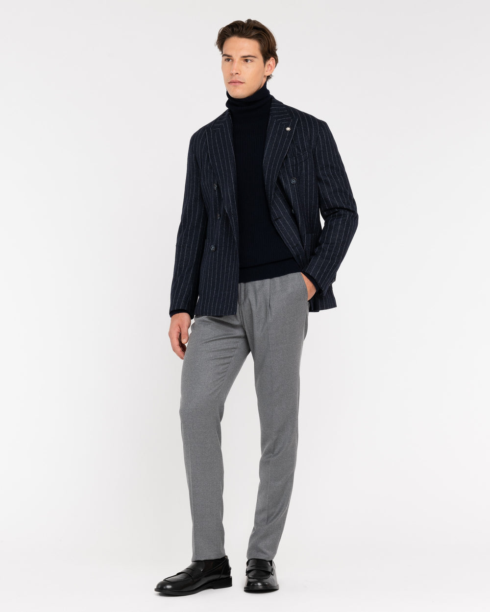 gray stretch wool flannel pleated trousers