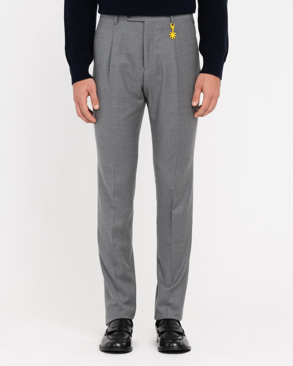 gray stretch wool flannel pleated trousers