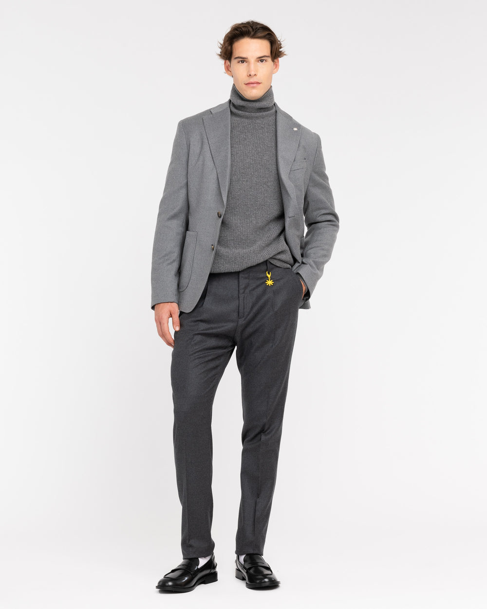 gray stretch wool flannel pleated trousers