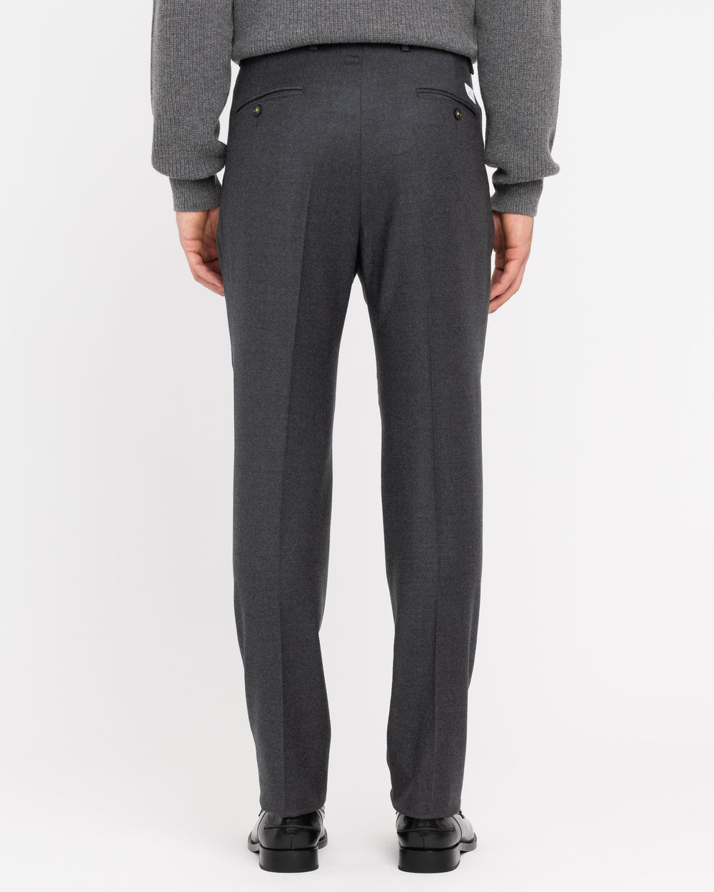 gray stretch wool flannel pleated trousers