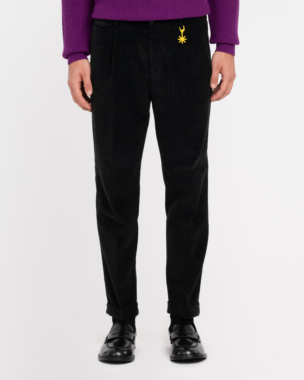 black stretch corduroy pleated trousers