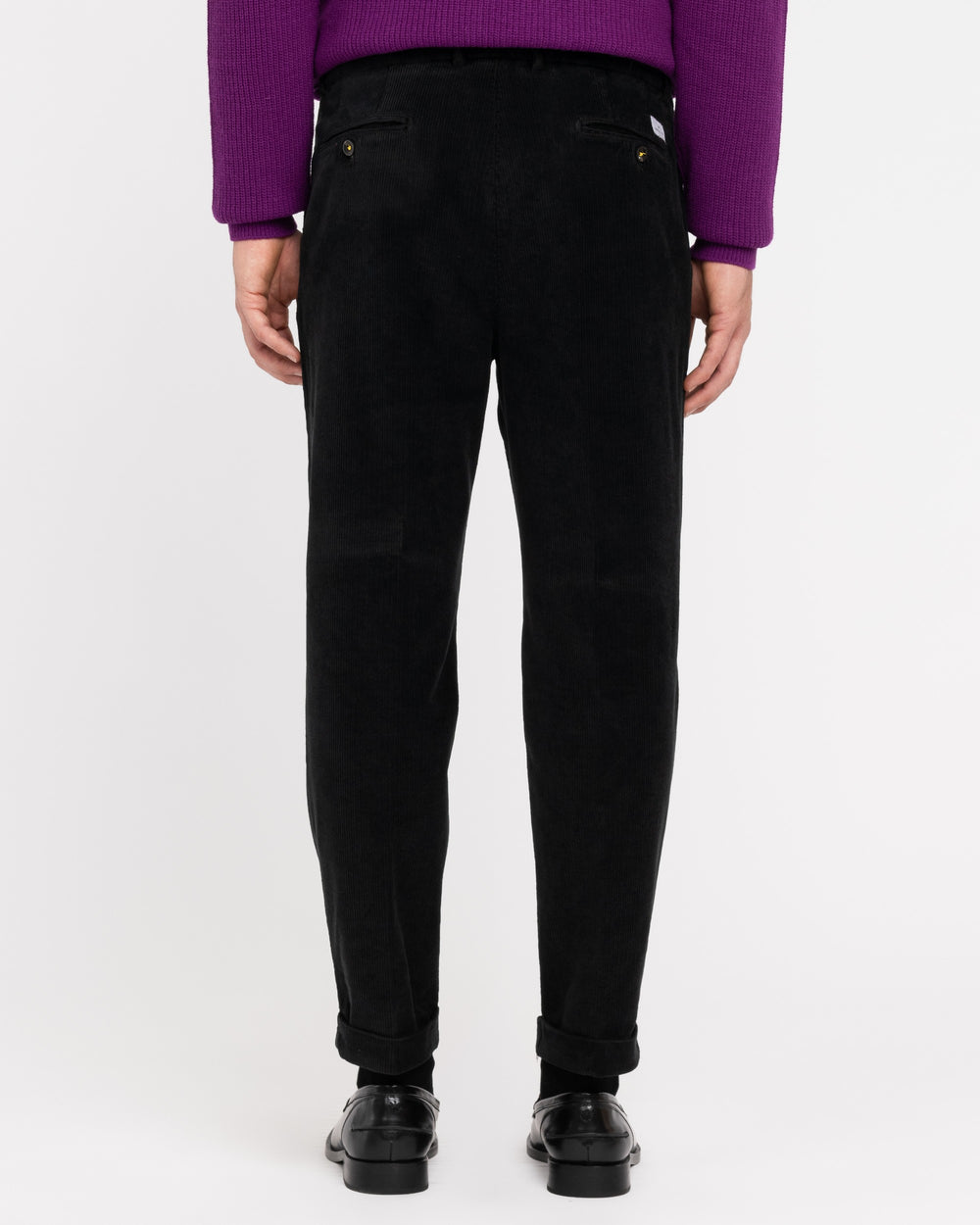 black stretch corduroy pleated trousers