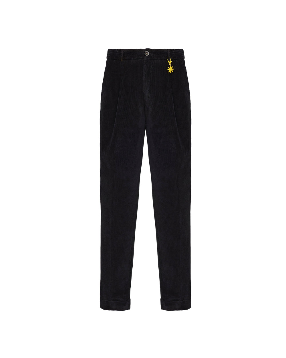 black stretch corduroy pleated trousers