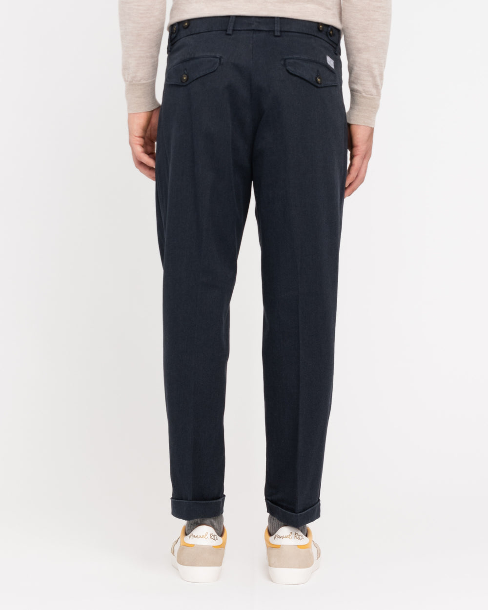 blue double pleat stretch cotton trousers