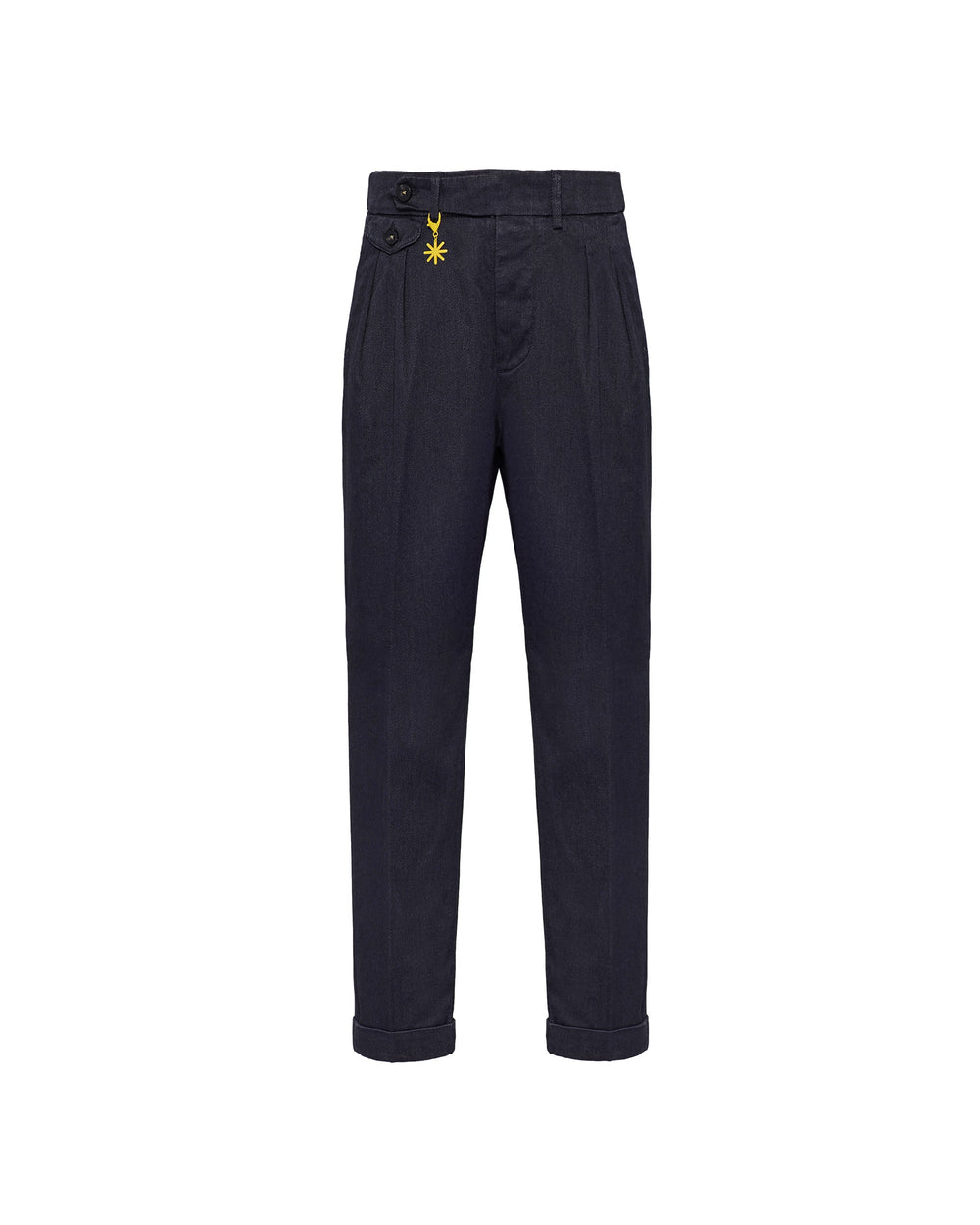 blue double pleat stretch cotton trousers