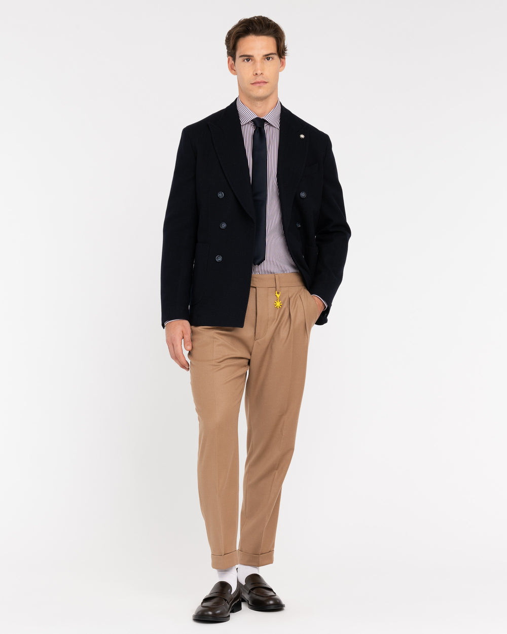 beige double pleat stretch wool flannel trousers