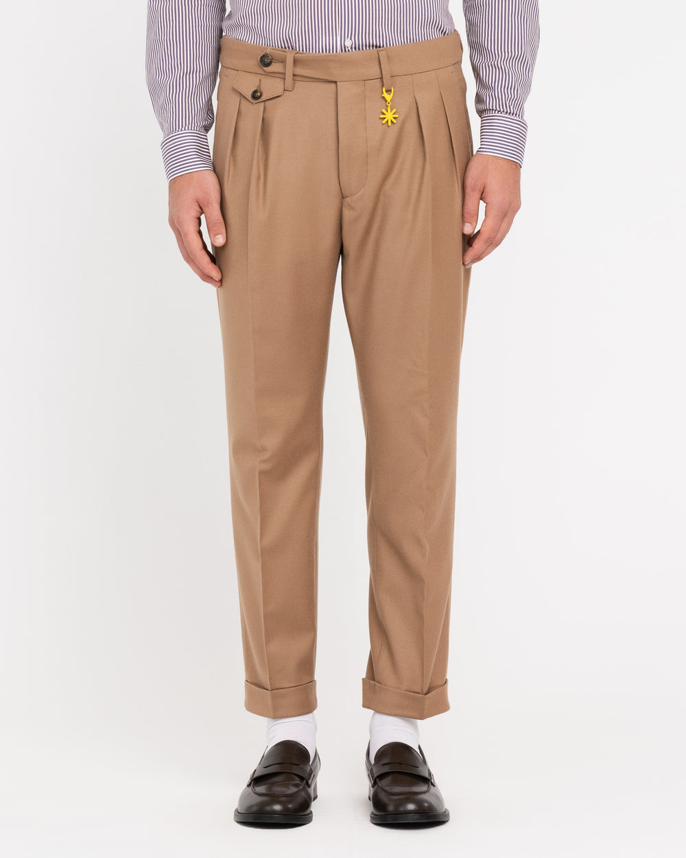 beige double pleat stretch wool flannel trousers